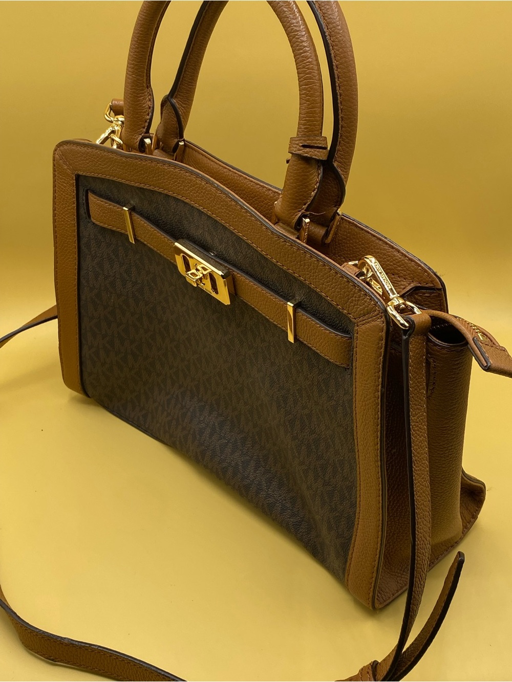 Michael Kors Brown Monogram and Leather Satchel with Gold Hardware